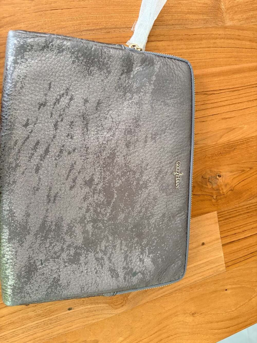 Cole Haan Metallic Silver Leather iPad Portfolio Clutch New with Tags